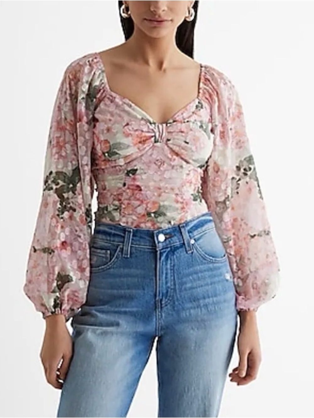 NWT EXPRESS FLORAL DOT SWEETHEART NECKLINE BALLOON SLEEVE RUCHED BODYSUIT